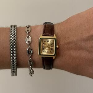 Y2K Gold Brown Leather Quartz Watch with Roman Numerals Unisex 8.5" New